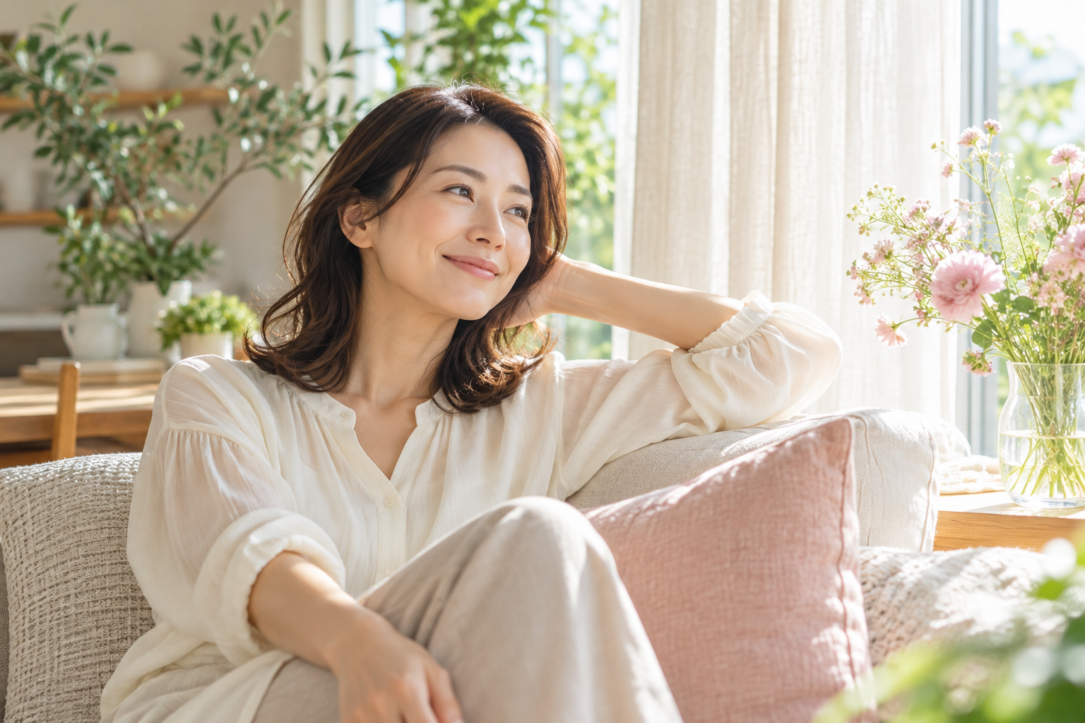 窓辺でひと息つく女性
