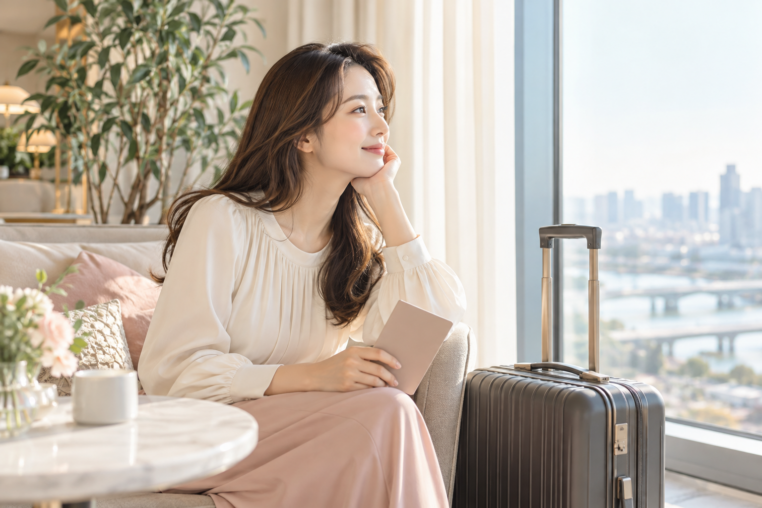 旅先でスーツケースのそばにいる女性